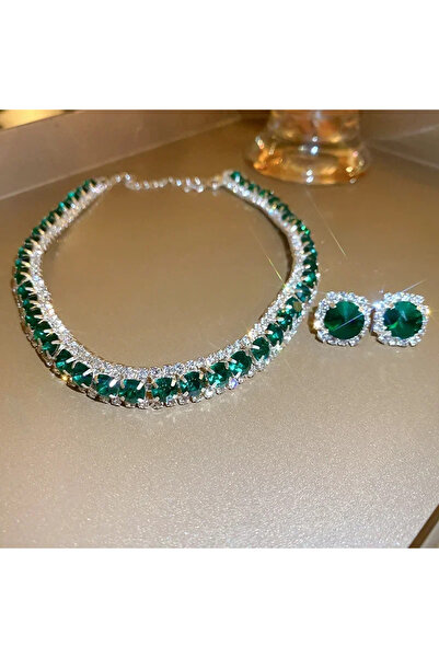 Choice طقم أقراط وقلادة كريستالية فاخرة باللون الأخضر، قلادة وردية اللون، مجو...
