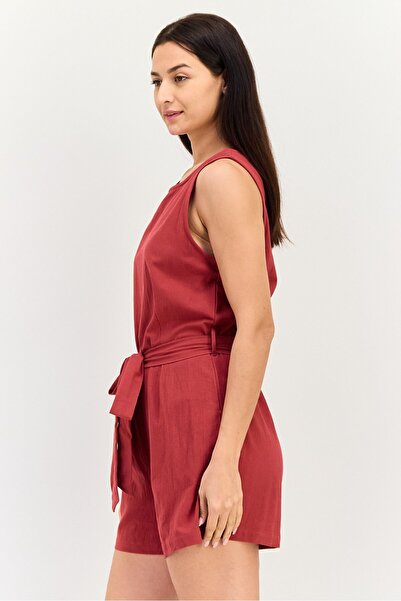 Brave Soul Women Plain Sleeveless Belted Playsuit, Dark Red