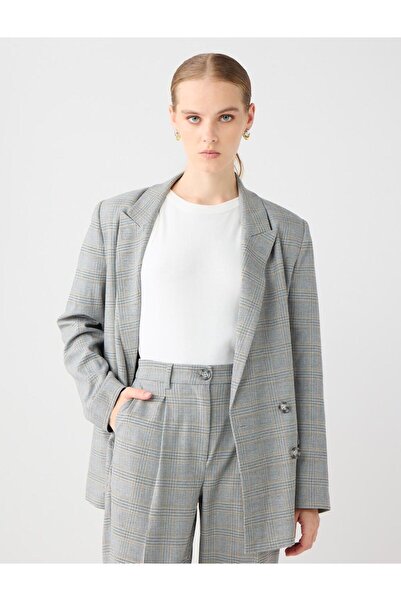 Jimmy Key Grı Rahat Kesim Ekose Desenli Dokuma Ceket