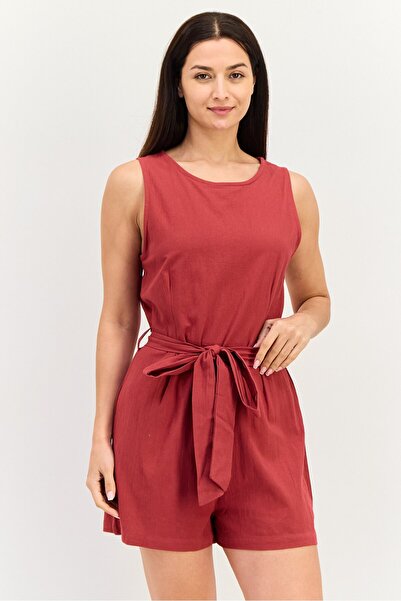 Brave Soul Women Plain Sleeveless Belted Playsuit, Dark Red