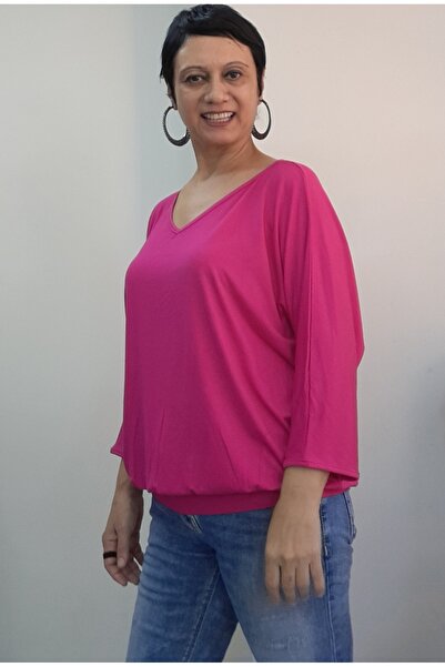 Mertcan Butik Ροζ μπλουζάκι από βισκόζη με λαιμόκοψη σε σχήμα V, μανίκια τριών τετάρτων και φούστα με μανσέτες