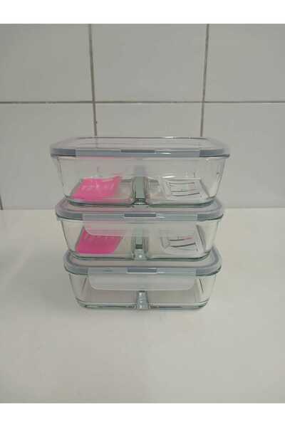 LAV حاوية تخزين زجاجية قابلة للقفل من فيزاده، مكونة من قسمين، مجموعة من 3 قطع، سعة 1120 سم مكعب، مستطيلة الشكل (FRS-297)، غطاء رمادي اللون