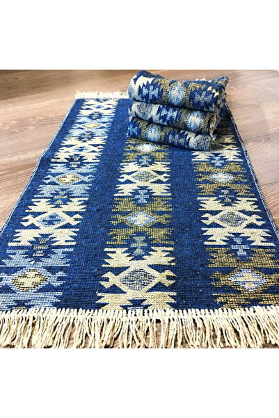 OEM Set de 4 covoare tradiționale țesute, față-verso, 60x200 cm, albastru, model rustic