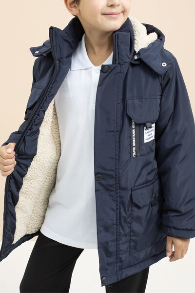 Cansın Mini Navy Blue Text Detailed Hooded Coat with Chest Pocket and Fur Inside for Boys 21477