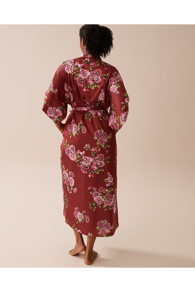 La Vie en Rose Rose Print Satin Long Kimono