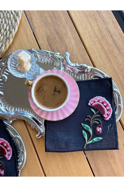 LUXURY Siyah üzeri işli 2 Li kahve yanı sunum peçetesi