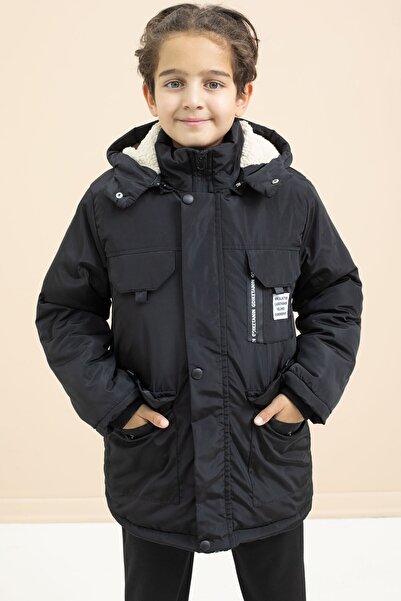 Cansın Mini Black Text Detailed Boys' Hooded Coat with Chest Pocket and Fur Inside 21475