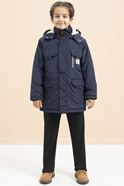 Cansın Mini Navy Blue Text Detailed Hooded Coat with Chest Pocket and Fur Inside for Boys 21477