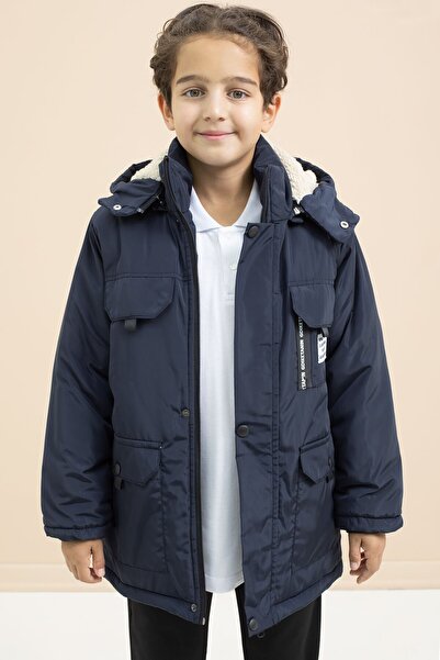 Cansın Mini Navy Blue Text Detailed Hooded Coat with Chest Pocket and Fur Inside for Boys 21477