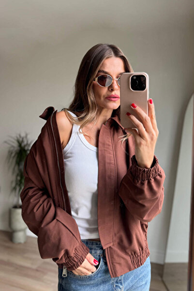 Sue Store Brown Elastic Waist Zippered Lined Waterproof Bomber Jacket