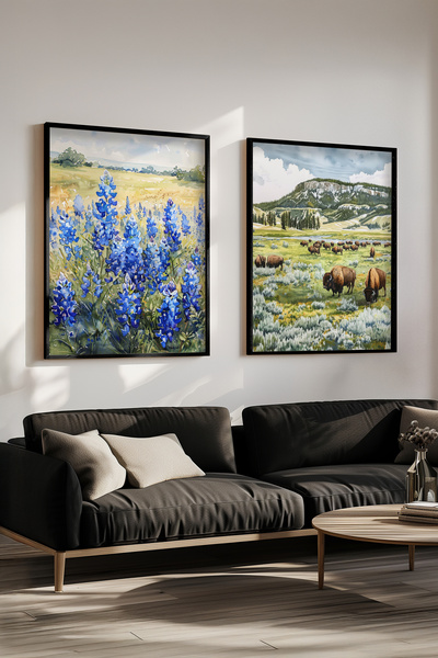 STARYUNA Black Wooden Framed Blue Floral Animal Watercolor Effect Double Painting Set Yuna421