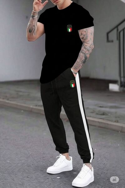 NO 601 Men's Black Oval Slim Fit Tight T-Shirt Black with White Side Tight Sweatpants Bottom Italian Printed Set