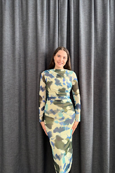 Sorridi Drapeli Tül Bisiklet Yaka Uzun Kollu Maxi Elbise