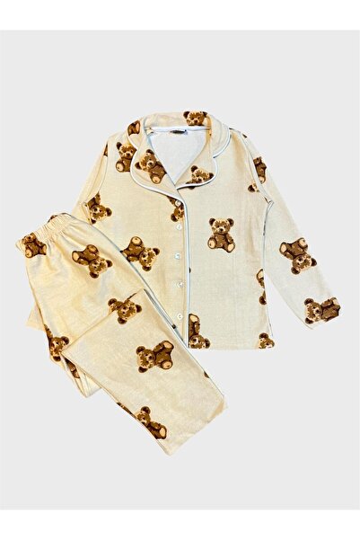 tusem butik homewear Σετ πιτζάμες για κορίτσια από βαμβακερό ύφασμα σουέτ σε μπεζ χρώμα με μοτίβο αρκουδάκι με μακρυμάνικο πουκάμισο με κουμπιά στο γιακά