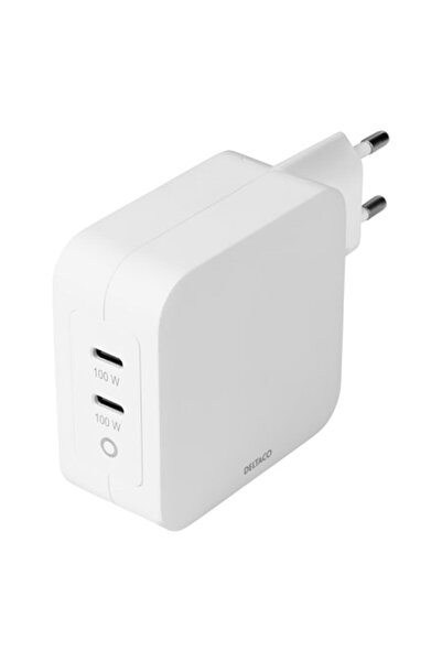 DELTACO Laptop Charger 100W with Two USB-C Ports, Power Delivery, GaN Technology, White