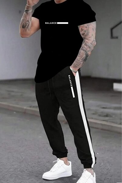 NO 601 Men's Black Oval Slim Fit Tight T-Shirt Black with White Tight Tracksuit Bottom Balance Printed Set