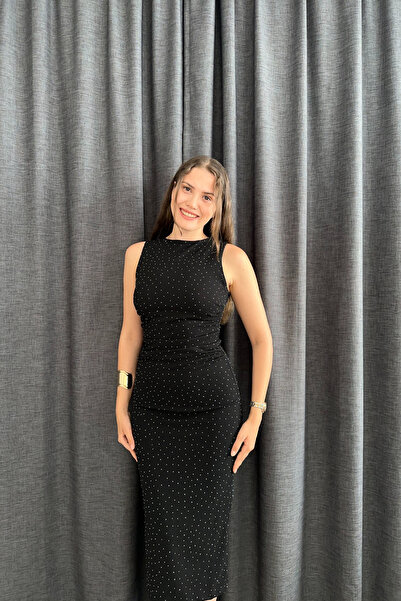 Sorridi Drapeli Taşlı Kolsuz Arkası Yırtmaçlı Krep Midi Elbise