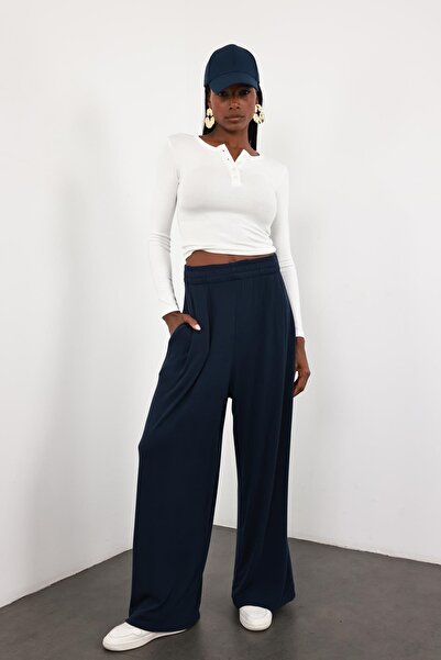 5in1Canpolat Μπλε ναυτικό ψηλόμεσο φαρδύ αθλητικό κοστούμι 0155