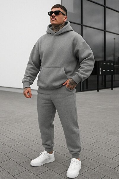 Revasser Unisex Erkek/Kadın Düz Özel Renkli Alt Üst Pamuklu Oversize Kapüşonlu Jogger Takım