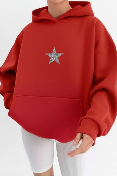 NO 601 Γυναικείο φούτερ με κουκούλα με στάμπα με αστέρια σε κόκκινο ασημί χρώμα