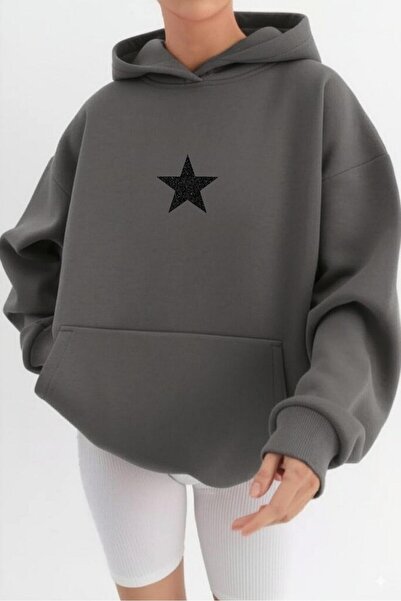NO 601 Women's Dark Gray Black Glitter Star Printed Hooded Sweatshirt