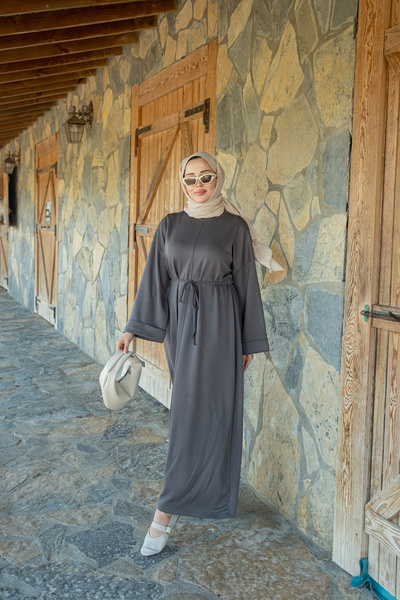 LOCCO Kadın Dikiş Detay Bağlamalı Elbise Gri