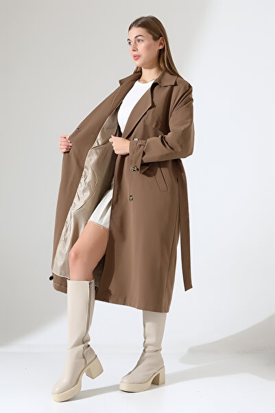 B.HE.Z Amazon Linen Fabric Below-The-Knee Lined Detachable Collar Buttoned New Style Trench Jeans Milk Coffee