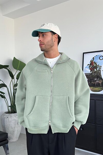 HAFKAGİYİM Ice Green Cozy Basic Φούτερ με διπλό φερμουάρ Oversize