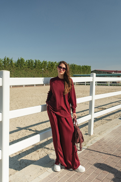 LOCCO Women's Bat Sleeve Two-Piece Set Burgundy