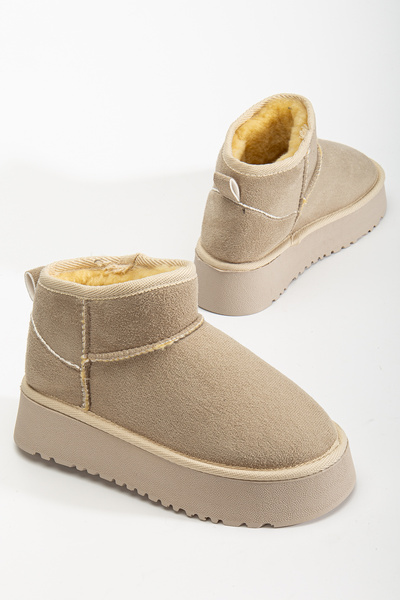 RİSSOLİ Γυναικείες μίνι μπότες με χοντρή σόλα με επένδυση από γούνα σε μπεζ σουέντ