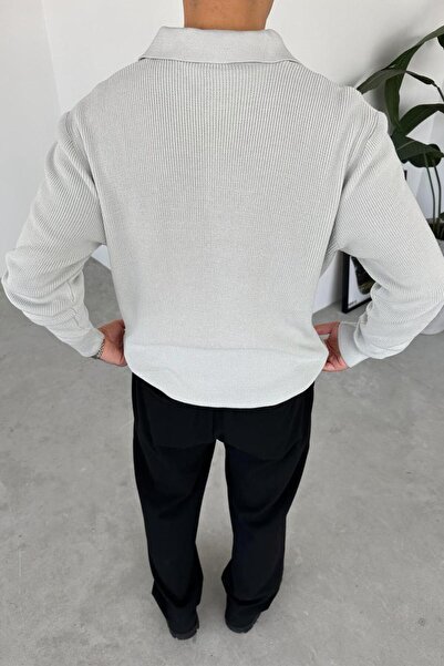 HAFKAGİYİM Gray Basic Ribbed Buttoned Collar Relaxed Sweater