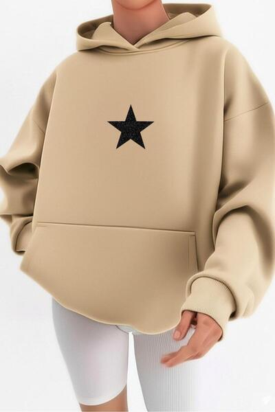 NO 601 Дамска кафява и черна суитшърт с качулка и звезден принт