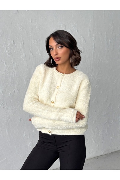 BEJNA Women's Ecru Towel Woven Buttoned Knit Cardigan