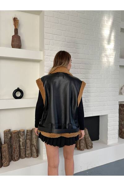 VESS MODA Жіночий плюшевий ламінований шкіряний жилет з поясом