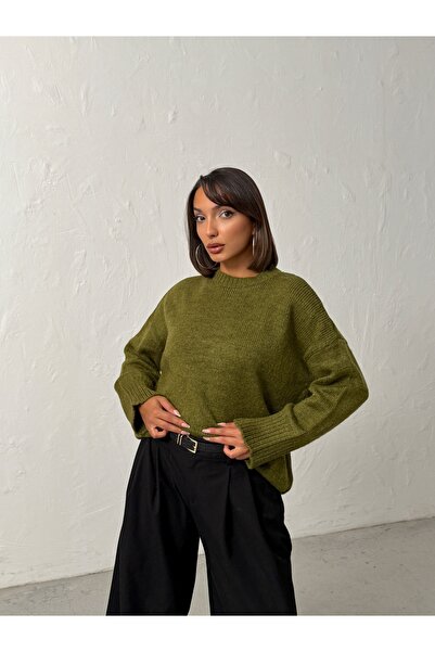 BEJNA Women's Khaki Soft Textured Crew Neck Oversize Basic Knit Sweater