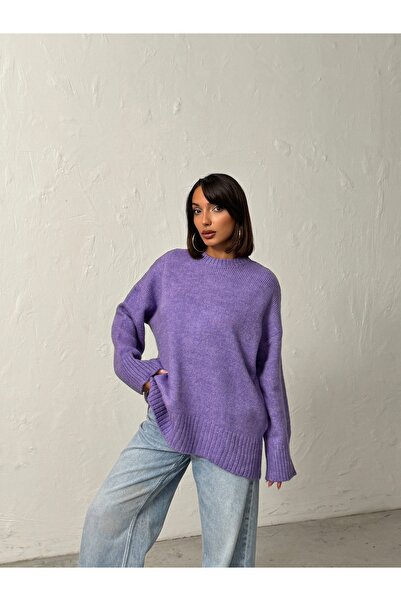BEJNA Kadın Lila Yumuşak Dokulu Bisiklet Yaka Oversize Basic Triko Kazak