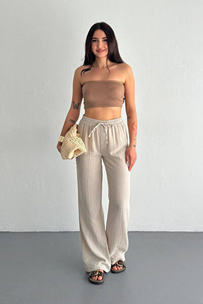 CİDDE Pantaloni Palazzo din muselină pentru femei, cu croiala confortabilă, cu picioare largi, cu talie înaltă, pantaloni din țesătură de vară