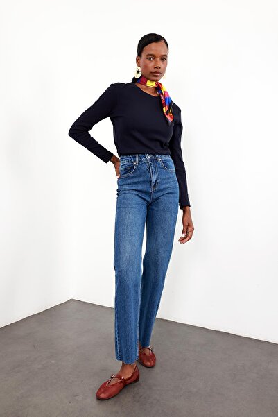 5in1Canpolat Navy Blue Long Sleeve Basic T-Shirt 1103