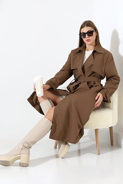 B.HE.Z Amazon Linen Fabric Below-The-Knee Lined Detachable Collar Buttoned New Style Trench Jeans Milk Coffee