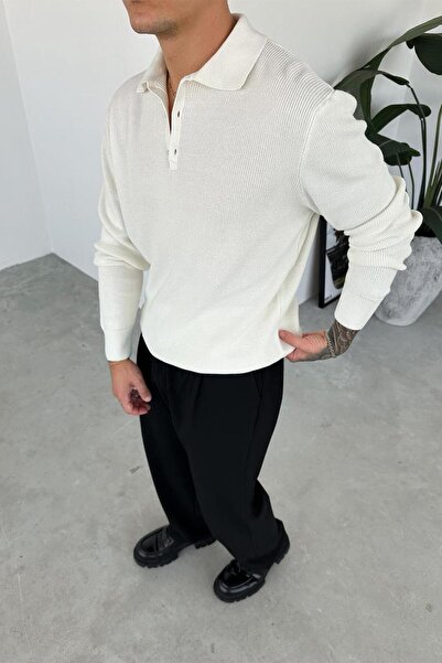 HAFKAGİYİM Ecru Basic Ribbed Buttoned Collar Relaxed Sweater