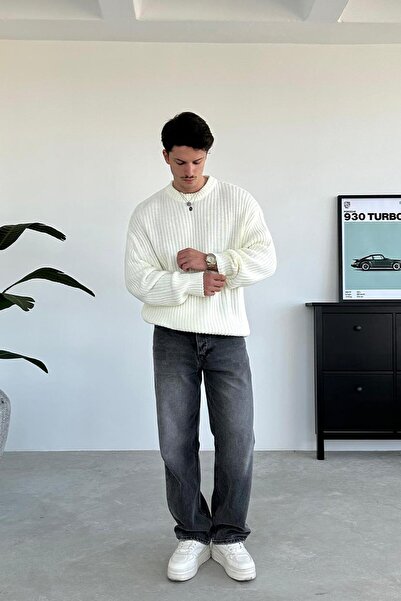 HAFKAGİYİM Ekru Bisiklet Yaka Fitilli Oversize Triko Kazak