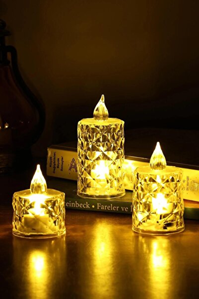 Ozsport 3lü Elmas Kristal Desenli Led Mum Seti Pilli Dumansız Alevli Ledli De...