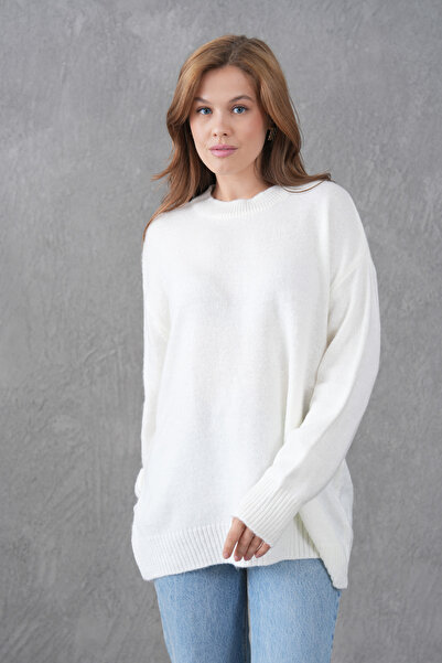 bayansepeti Ecru Knitwear Crew Neck Oversize Design Sweater 4090