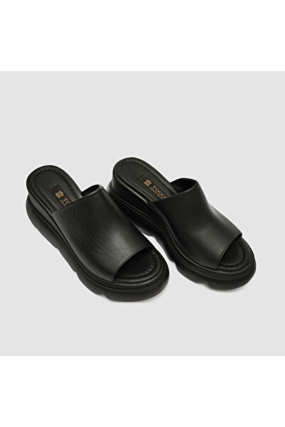 TOGO Siyah Hakiki Deri Kadın Dolgu Topuk Terlik [060267]
