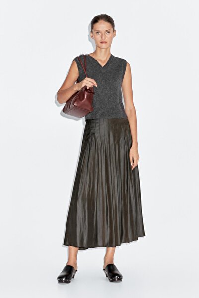 Massimo Dutti Mumlu görünümlü ince pilili midi etek