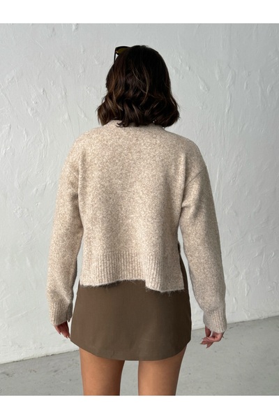BEJNA Γυναικείο μπεζ πουλόβερ με σχισμή στο πλάι, βασικό μαλακό πλεκτό πουλόβερ