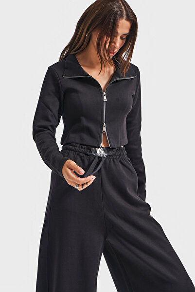 its basic Γυναικείο Μαύρο Χρώμα w5-1 Πλεκτό Υφασμάτινο Φούτερ και Φούτερ με φερμουάρ Κάτω Μέρος Επάνω Μέρος Σετ 2 τεμαχίων