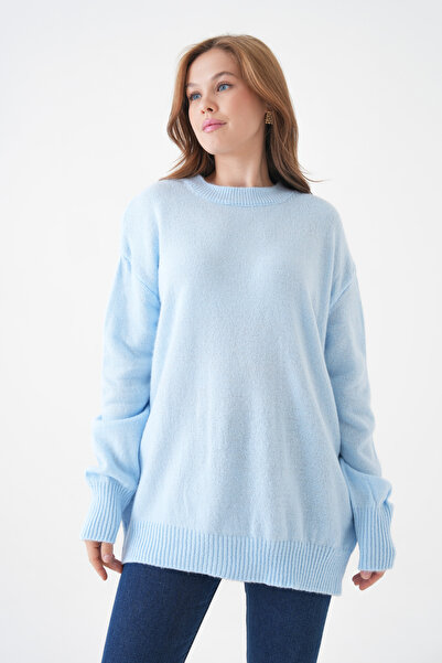 WOMAN VISION Pulover tricotat pentru femei, cu gât rotund, albastru bebeluș supradimensionat 4090