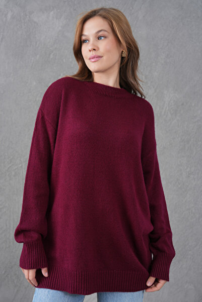 bayansepeti Claret Red Knitwear Crew Neck Oversize Design Sweater 4090