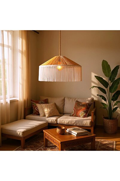 SALAŞHANE ATOLYE Japon Şapkası Rafya beyaz Püsküllü Avize çap 70